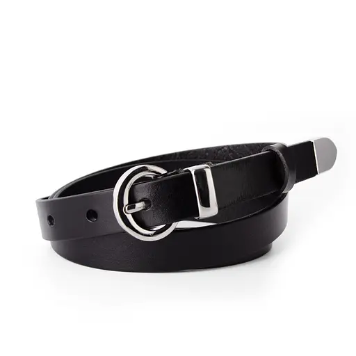 Ремень женский кожаный узкий JK-2032 (115 см) черный с серебряной пряжкой - фото 1