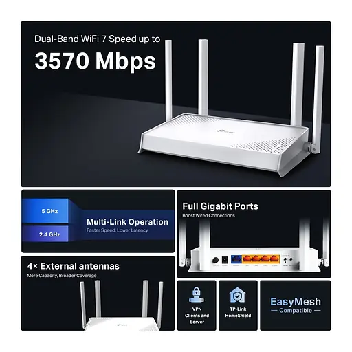 Беспроводной роутер - маршрутизатор Wi-Fi 7 - TP-LINK Archer BE220W 3600 Мбит/с DUAL band - фото 5