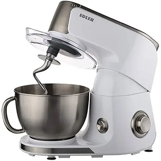 Планетарний міксер Edler EDFP-7701, White|Inox, 1000W, 8 режими швидкості, чаша 4л з нерж. сталі, гак для тіста, збивач, вінчик, бризкозахистна накладка чаші, нековзні ніжки