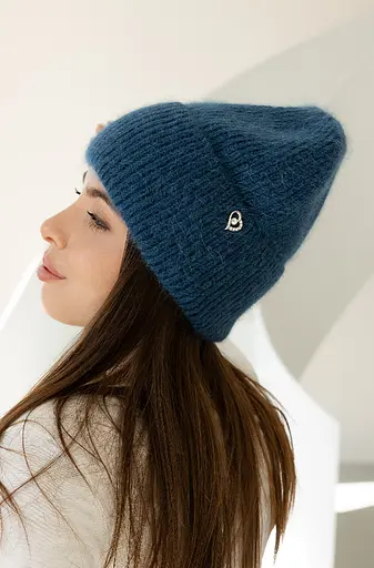 Теплая женская шапка Ангора Сердечко с флисовой подкладкой Синий - фото 2