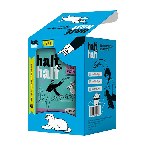Набор влажных кормов Half & Half 5+1 для взрослых собак, кусочки с уткой в ​​соусе (6 шт. x 100 г)