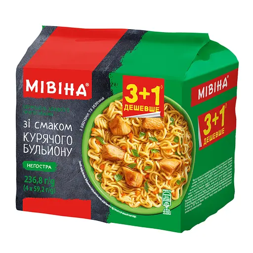 Вермишель быстрого приготовления Мивина со вкусом куриного бульона с овощами и зеленью, негостра (4 шт. х 59.2 г) 236.8 г - фото 1