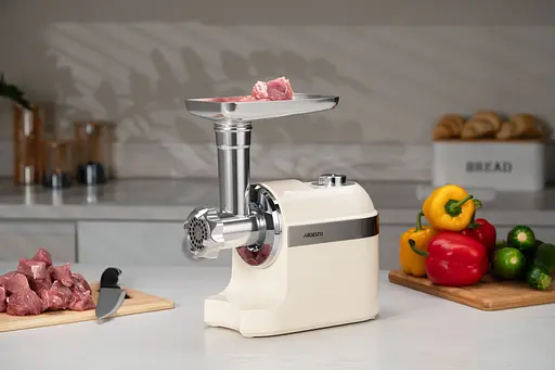 ARDESTO М'ясорубка, 1800Вт, 2кг/хв, 3 решітки, насадка для ковбас, кеббе, пластик, бежево-сріблястий - фото 7