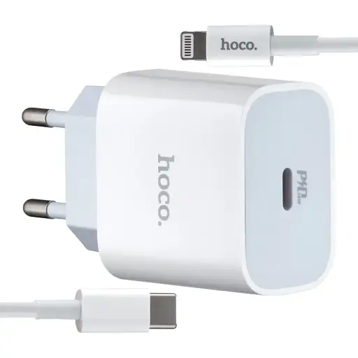 Мережевий зарядний пристрій Hoco C76A Plus Speed source PD20W charger set Type-C to Lightning ( EU ) Білий - фото 1