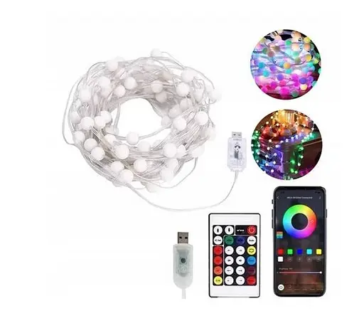Розумна світлодіодна музична гірлянда 100LED, 10 м, кольорові RGB кульки з USB живленням та дистанційним - фото 3