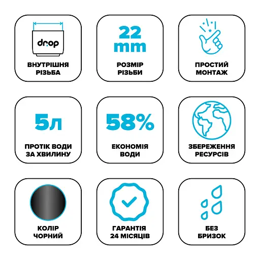 Водозберігаючий аератор Drop CL22-BL для змішувача - Економія 58%, внутрішня F 22 мм, чорний - фото 6