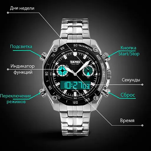 Наручные мужские часы Skmei 1204 direct Серебристый с черным циферблатом - фото 5