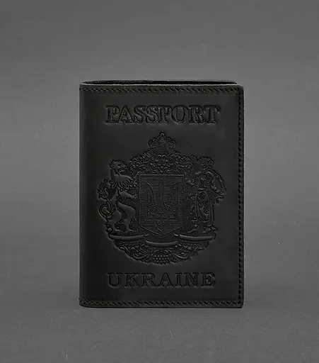 Кожаная обложка для паспорта с украинским гербом черная - фото 1