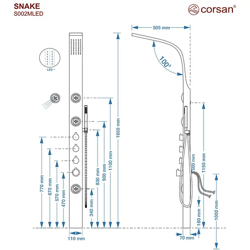 Душова панель Corsan Snake inox LED S002MSLLED, Нержавіюча сталь - фото 4
