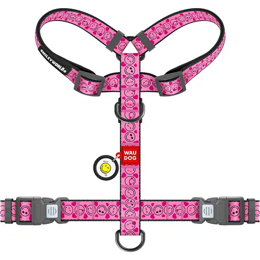Шлея для собак Waudog Nylon анатомічна H-подібна з QR-паспортом розмір M 2х38-60х46-60 см смайли на  рожевому - фото 2