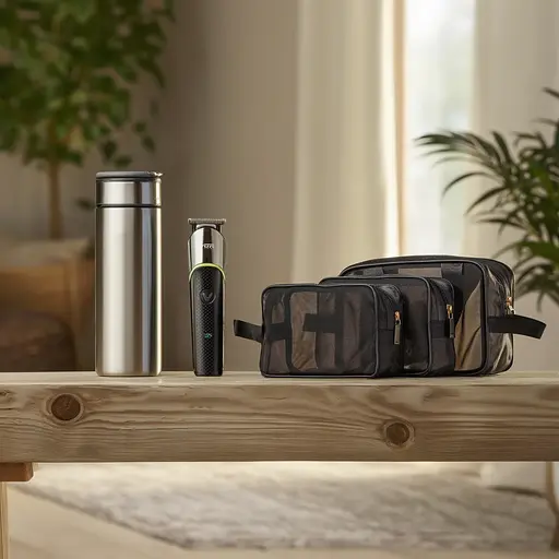 Подарочный набор: беспроводная машинка для стрижки с насадками + термос 530 мл с дисплеем + прозрачные косметички ПВХ (3 шт.) CP2026-21