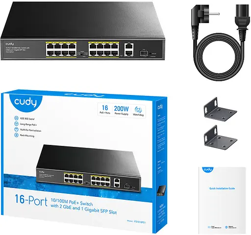 Комутатор Cudy FS1018PS1 16 порт 10/100M PoE+ Switch with 2 Gigabit Uplink and 1 SFP Port 200W - фото 3