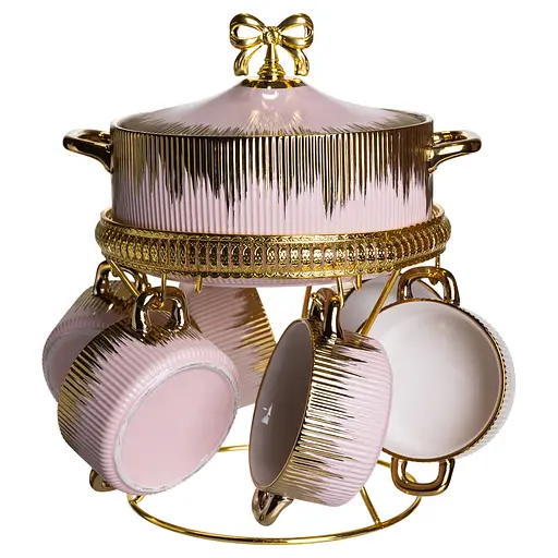 Суповий набір Yiwu із порцеляни на металевій підставці рожевий FM-A23-5