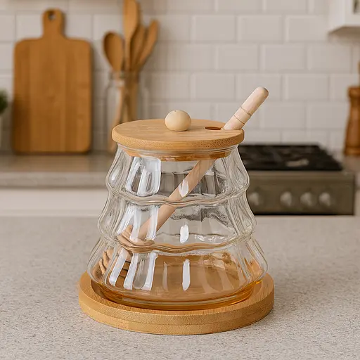 Банка для меду з ложкою на бамбуковій підставці 400 мл - фото 2