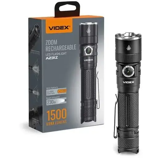 Фонарь ручной Videx A231Z, Black, 1500 Лм, 5000K, до 230 м, 6 режимов работы, линзы из закаленного стекла, светодиод Luminus 4xSST40 (20 Вт), аккумулятор (Li-ion 21700 4000mAh) (VLF-A231Z)
