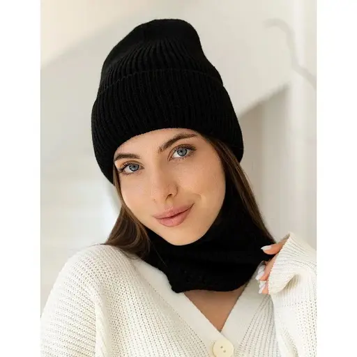 Женская вязаная шапка и снуд набор 2 шерсть 20% с отворотом Черный - фото 1