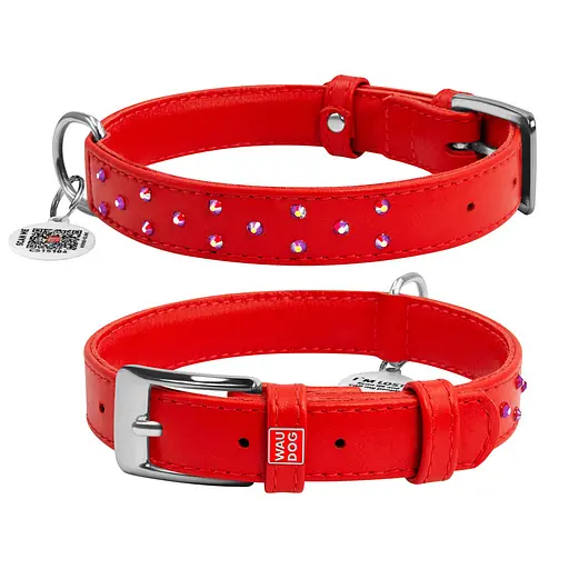 Ошейник для собак кожаный Waudog Glamour с QR-паспортом с клеевыми стразами Ш 25 мм Д 38-49 см красный