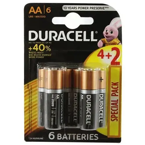 Батарейка AA (LR6), щелочная, Duracell Duralock Basic, 6 шт, 1.5V, (Duracell MN1500 BL6) - фото 1