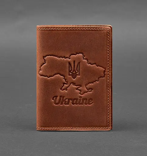 Кожаная обложка для паспорта с картой Украины светло-коричневый Crazy Horse - фото 1