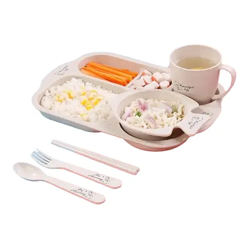 Набор детской посуды из биоразлагаемого волокна пшеничной соломы 6 предметов, бежевый - фото 1