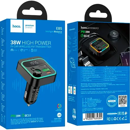 FM-трансмиттер Hoco E85 Tiger PD20W+QC3.0 Black [129643] - фото 6