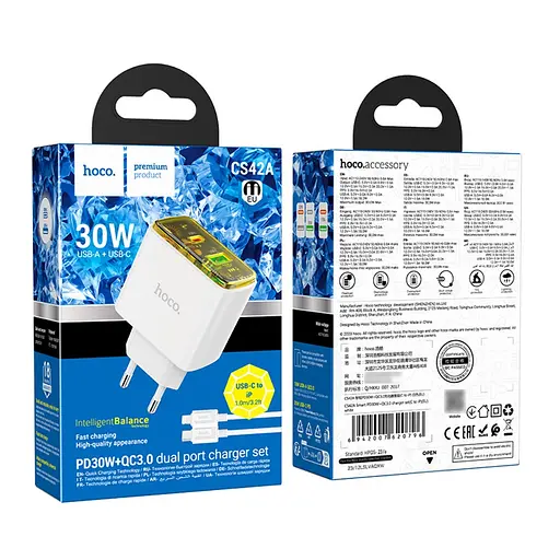 Зарядний пристрій Hoco CS42A USB/ Type-C PD 30W QC білий + кабель Type-C to Lightning - фото 6