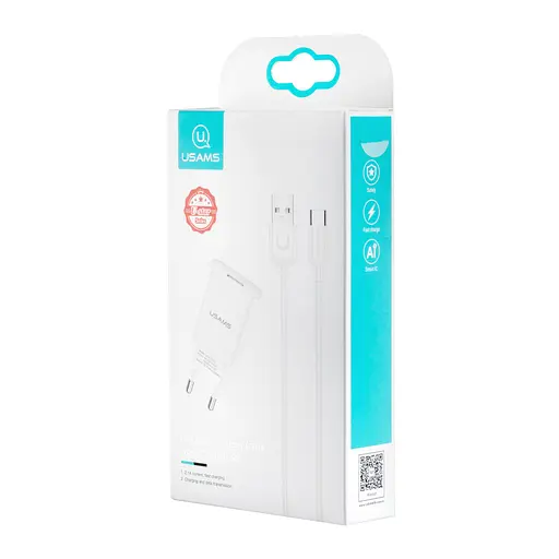 Мережевий зарядний пристрій Usams T21 Charger kit- T18 single USB EU charger + Type-C cable Білий - фото 2