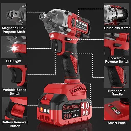 Акумуляторний ударний гайковер Sundpey 650N·m - 21V 1/2-дюймовий безщітковий електричний ударний пістолет з акумуляторною батареєю - фото 6