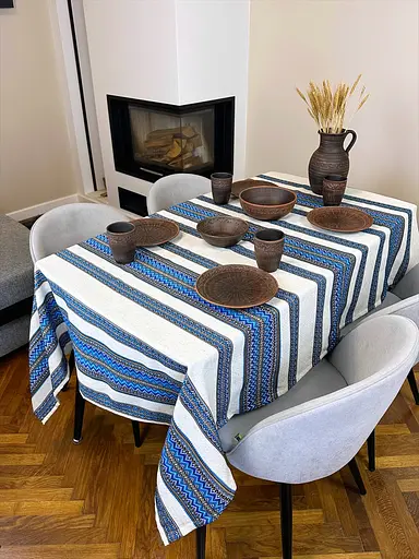 Лляна скатертина великодня з українським орнаментом Рандеву синій 330х150 см