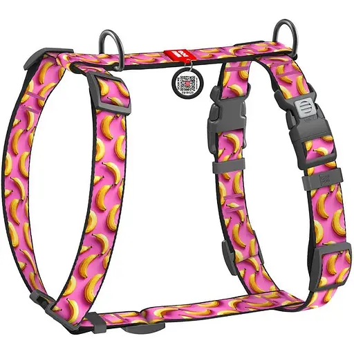 Шлея для собак Waudog Nylon анатомічна H-подібна з QR-паспортом, малюнок "Банани на рожевому", пластиковий фастекс, M