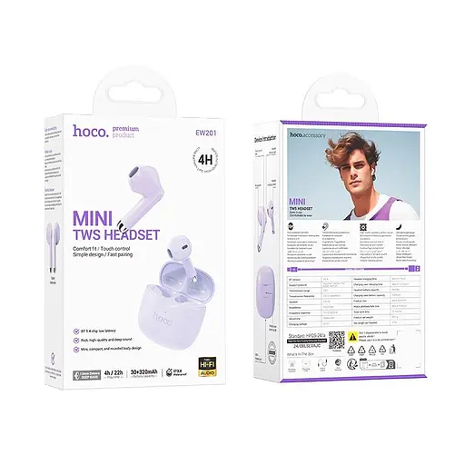 Бездротові навушники Hoco EW201 Graceful true wireless BT headset, BT5.4, 30mAh, 320mAh, 4h, purple - фото 3