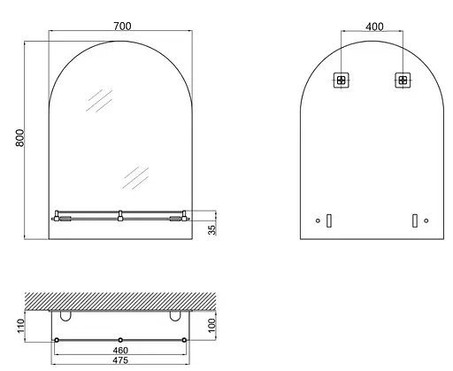Дзеркало настінне Zerix Laguna MRZ03-700x800x110 прямокутне з дугоподібним верхом та полицею ZX5623 - фото 2