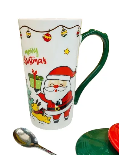 Новорічний кухоль Olens 102-1088 Біг-санта кераміка з кришкою та ложкою 380 мл Зелений - фото 2