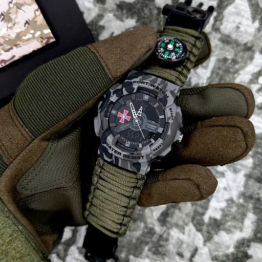 Наручний годинник чоловічий 005CMGYSU ЗСУ Сірий камуфляж Паракордний ремінець Army Green + Коробка Patriot acs0031041 - фото 3