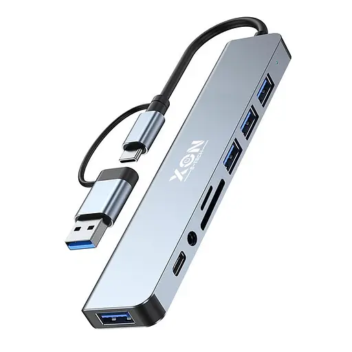 USB-хаб XON SmartHub 9 в 1 (Ethernet, SD/TF, 2xUSB2.0, 2xUSB3.0, Type-C, 3.5 Audio) Сірий (UHCHP093322G 5238) - фото 1