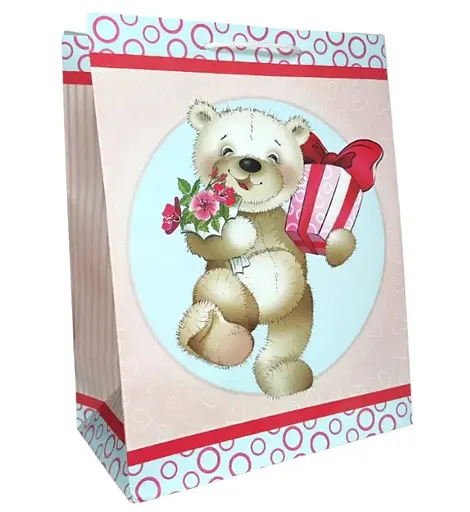Подарунковий пакет, 150 г/м², Ведмежа з подарунками, 29.5x40x20 см, 6 шт. в упаковці