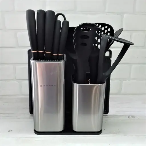Набор кухонных ножей из нержавеющей стали на подставке 5 предметов + Набор кухонных принадлежностей 7 предметов Edenberg EB-3615