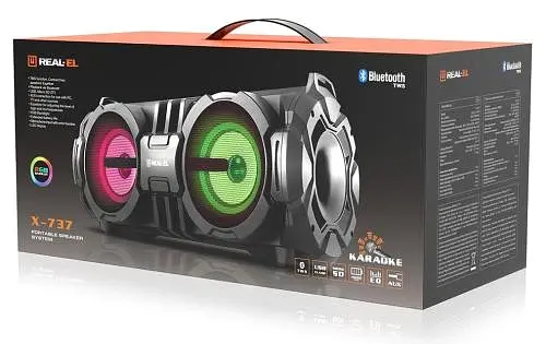 Колонка портативная 2.0 REAL-EL X-737 Black, 2 x 14 Вт, пластиковый корпус, Bluetooth, USB, питание от аккумулятора, 4000 мА * ч, управление сверху - фото 4