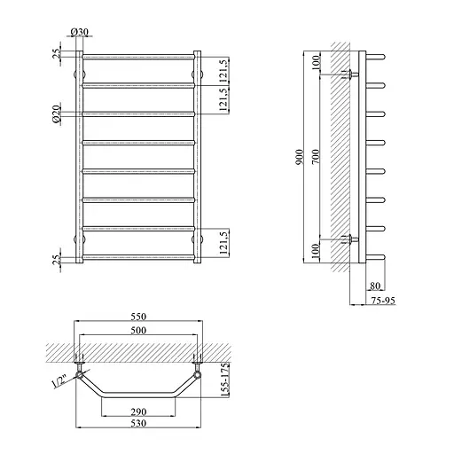 Полотенцесушитель водяной Kroner Трапеция ДТ12 900x530/8 CV019614, Хром, нижнее - фото 2