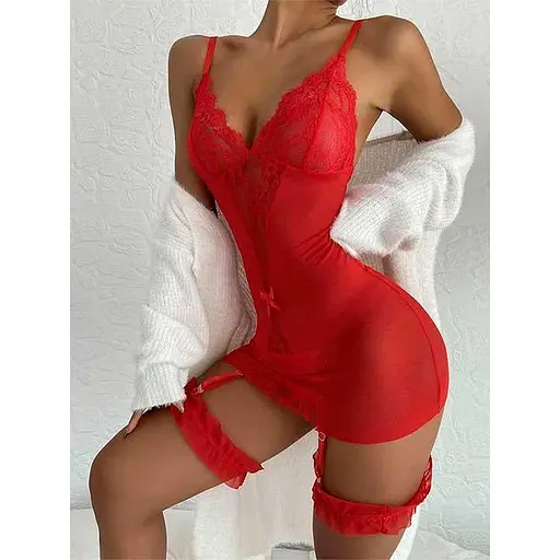 Короткий пеньюар з підв'язками для панчіх червоний XS-S – Еротична білизна - фото 3