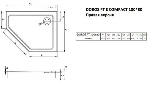 Душовий піддон Radaway Doros PT Е Compact 100x80 правий SDRPTP1080-05R - фото 2