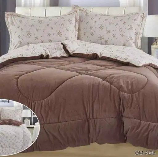 Постільна білизна Laura Grand 4 сезони QM-4-08 комбінована - зимова велюр євро комплект Коричневий - фото 1