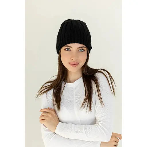 Теплая женская шапка Ангора Рейчел двухслойная с брошью Черный - фото 1