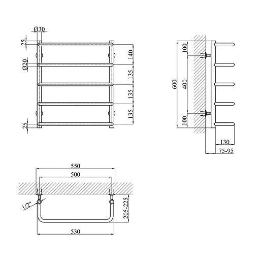 Рушникосушарка водяна Kroner Скоба ДС08 600x530/5 CV023855, Хром, нижнее - фото 2