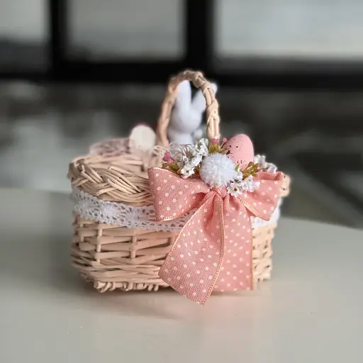 Пасхальная корзина 18х12х16см hand-made MIS LT розовая с бело-розовым декором и зайчиком - фото 2