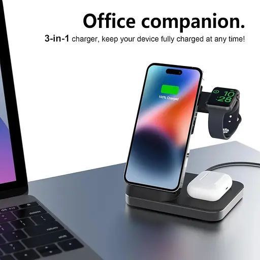 Бездротовий зарядний пристрій Boaraino W15 3 в 1 для iPhone 13/13 Mini/13 Pro/13 Pro Max/12/11/X/8, Apple Watch 7/SE/6 - фото 3