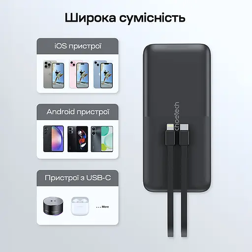 Повербанк 10000mAh Choetech B654 Black 22.5W QC3.0 PD3.0 вбудовані кабелі Type-C та Lightning (43-00147) - фото 11