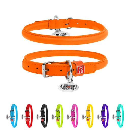 Ошейник для собак кожаный Waudog Glamour с QR-паспортом круглый Д 10 мм Д 39-47 см оранжевый - фото 2