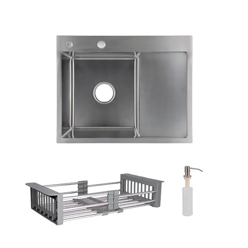Кухонна мийка Lidz Handmade H6350R інтегрована крило зправа Brushed у комплекті з дозатором та корзиною, Нержавіюча сталь - фото 1