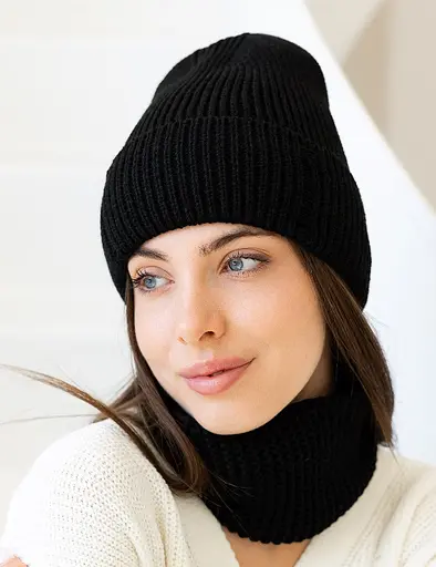 Женская вязаная шапка и снуд набор 1 шерсть 20% с отворотом Черный - фото 2